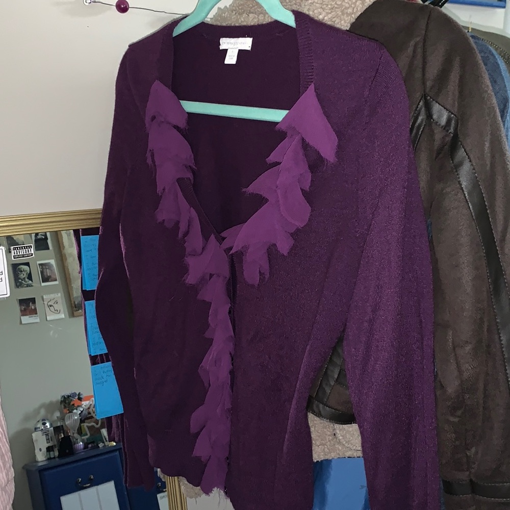 New York & Company Purpled Ruffled Cardigan